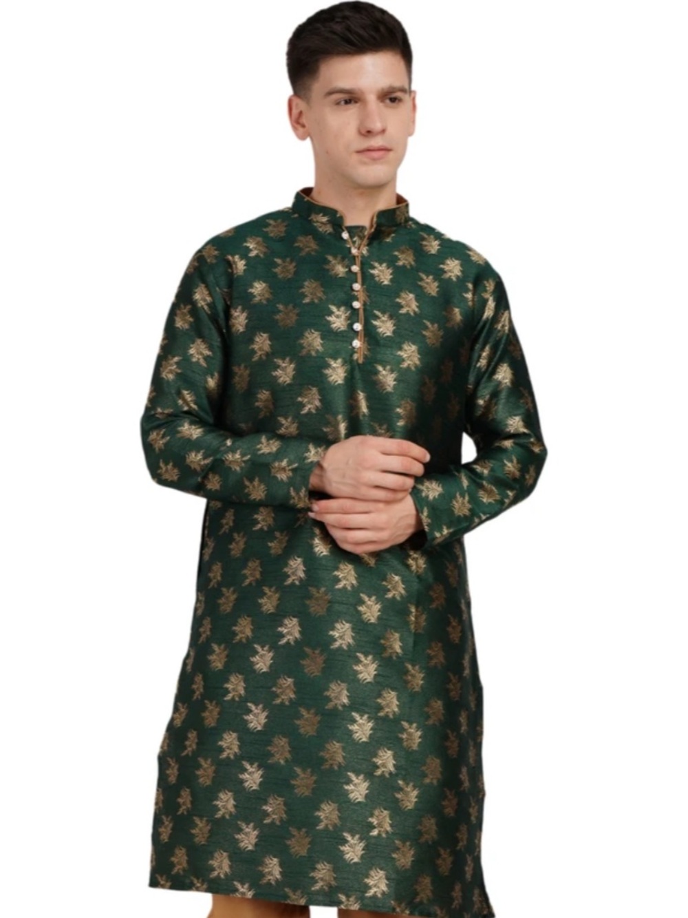 Men Ethnic Gold Leaves 100% pure Jacquard Kurta Festive 36”
